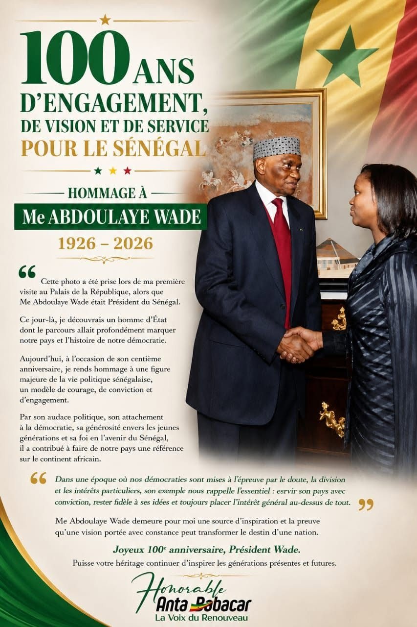 Hommage à Me Abdoulaye Wade — 100 ans d'engagement, de vision et de service pour le Sénégal (1926–2026)