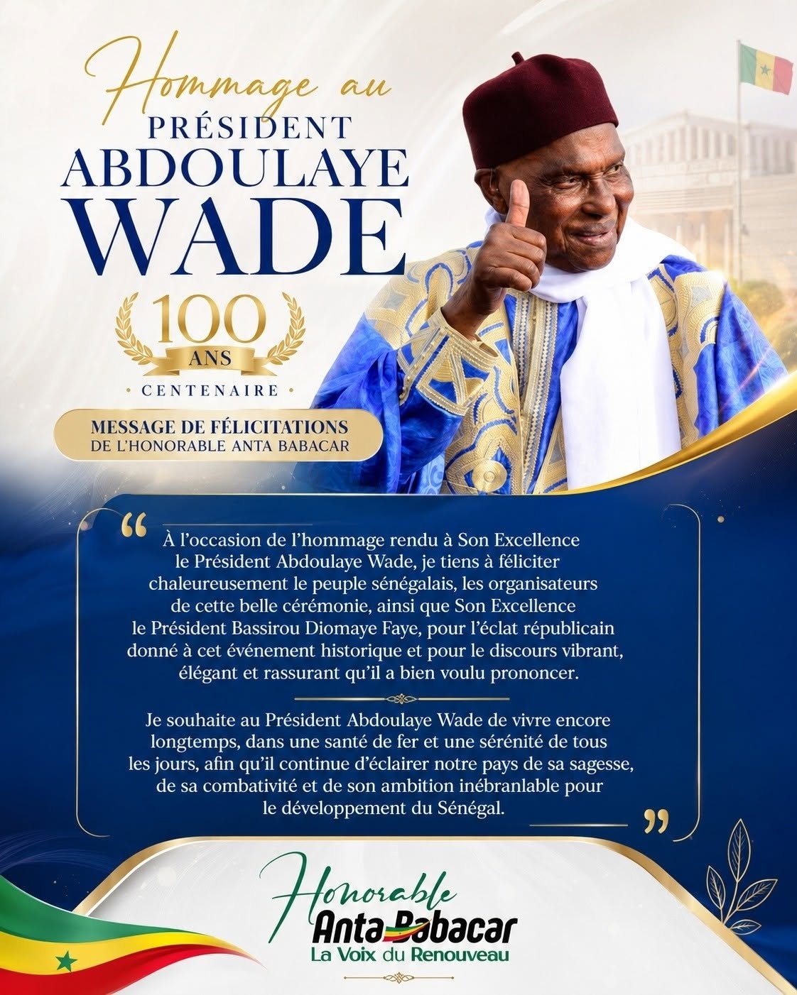 Centenaire du Président Abdoulaye Wade — message de félicitations de l'Honorable Anta Babacar