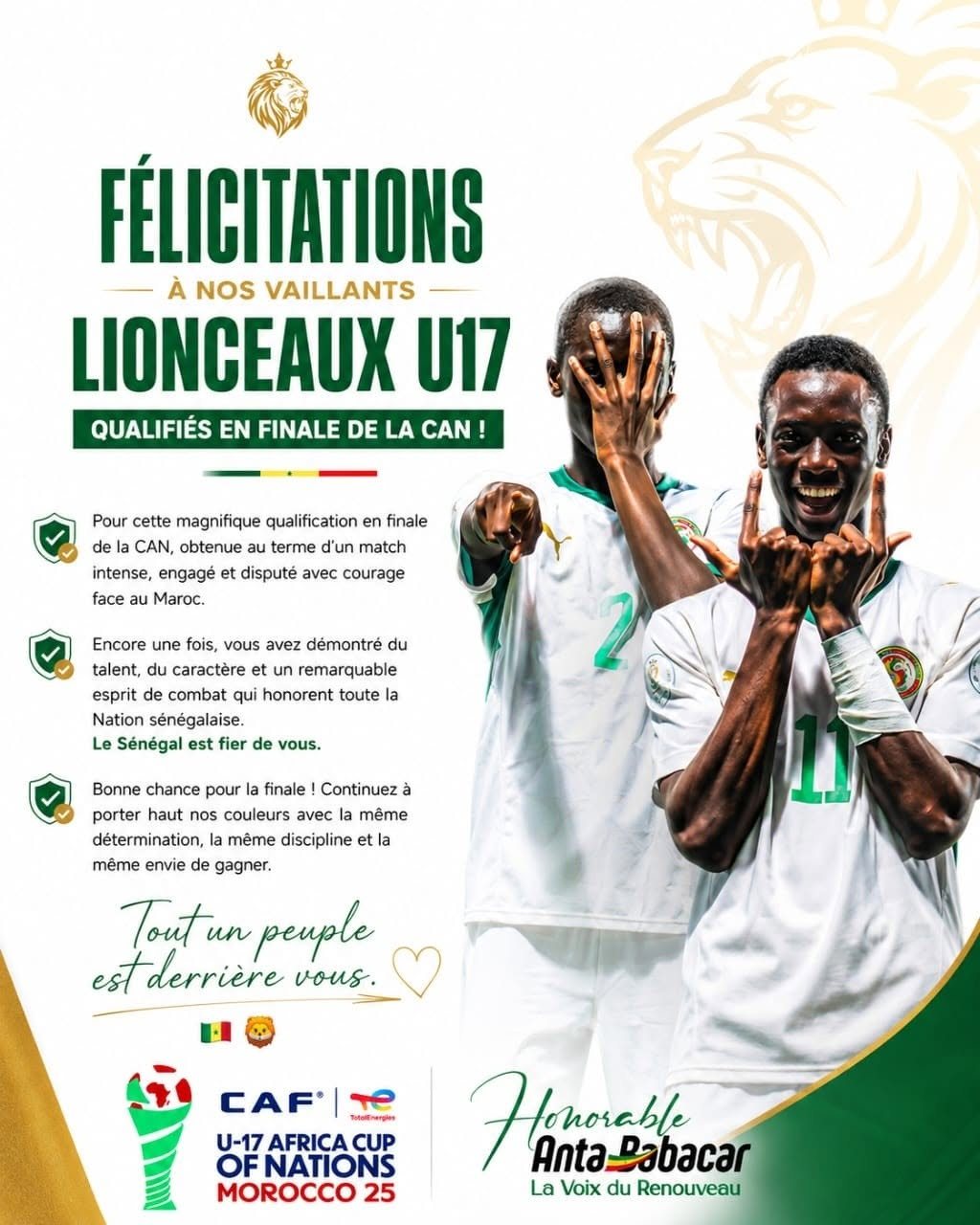 Félicitations aux Lionceaux U17 — qualifiés en finale de la CAN